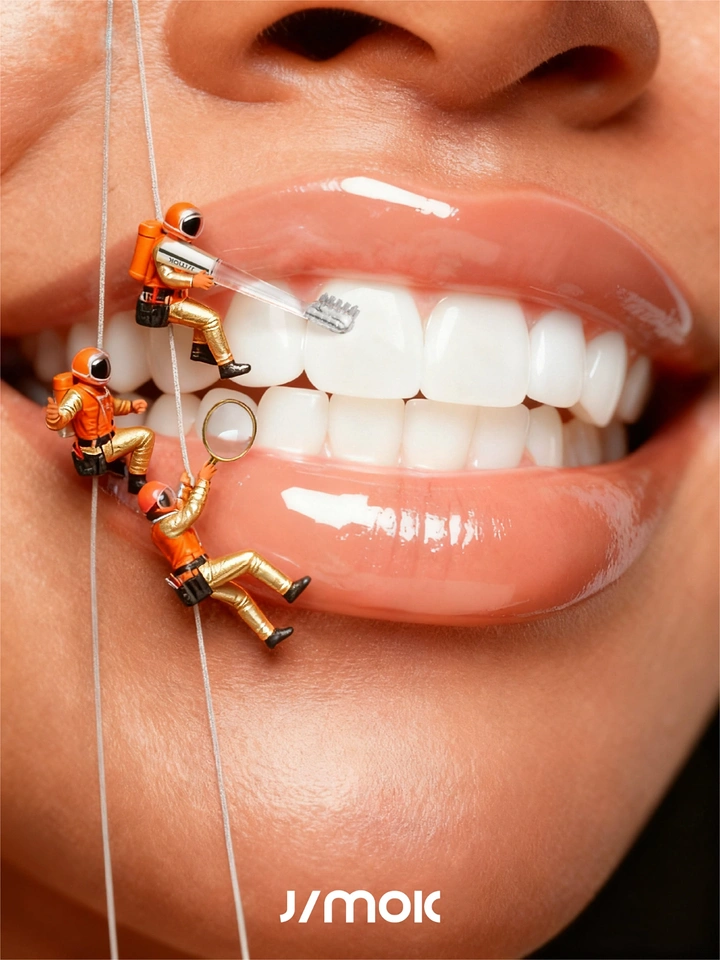 Dental creative ad: Miniature suited workers rappelling to clean glossy white teeth