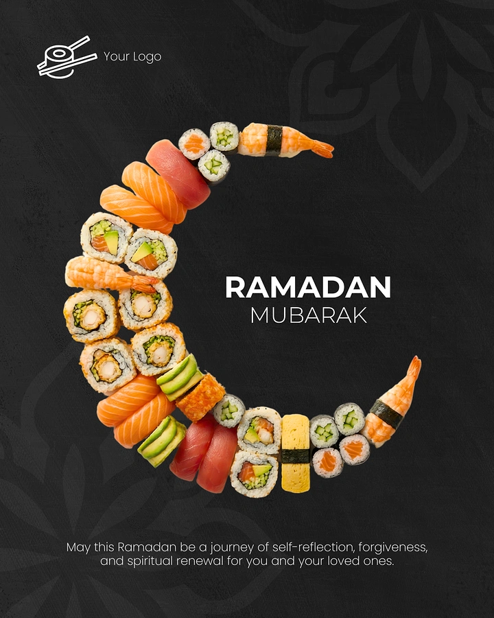 Ramadan creative ad: Crescent moon formed from assorted sushi pieces