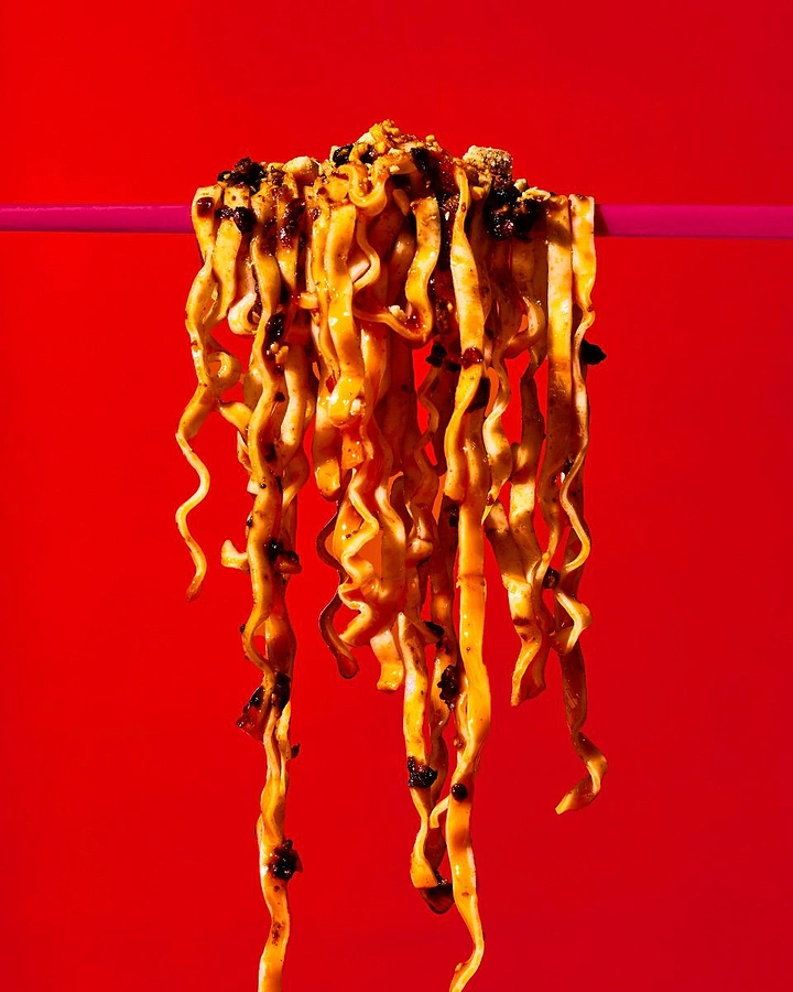 Instant Noodles & Pasta Brands creative ad: Noodles become a dramatic red sculpture