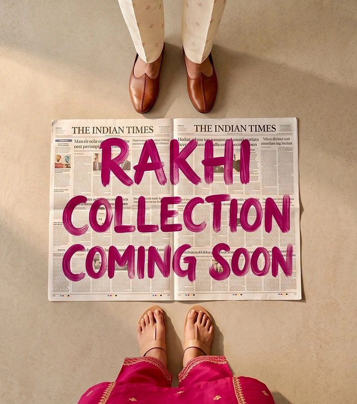 Raksha Bandhan creative ad: Top-down newspaper spread painted with a teaser, flanked by siblings' feet