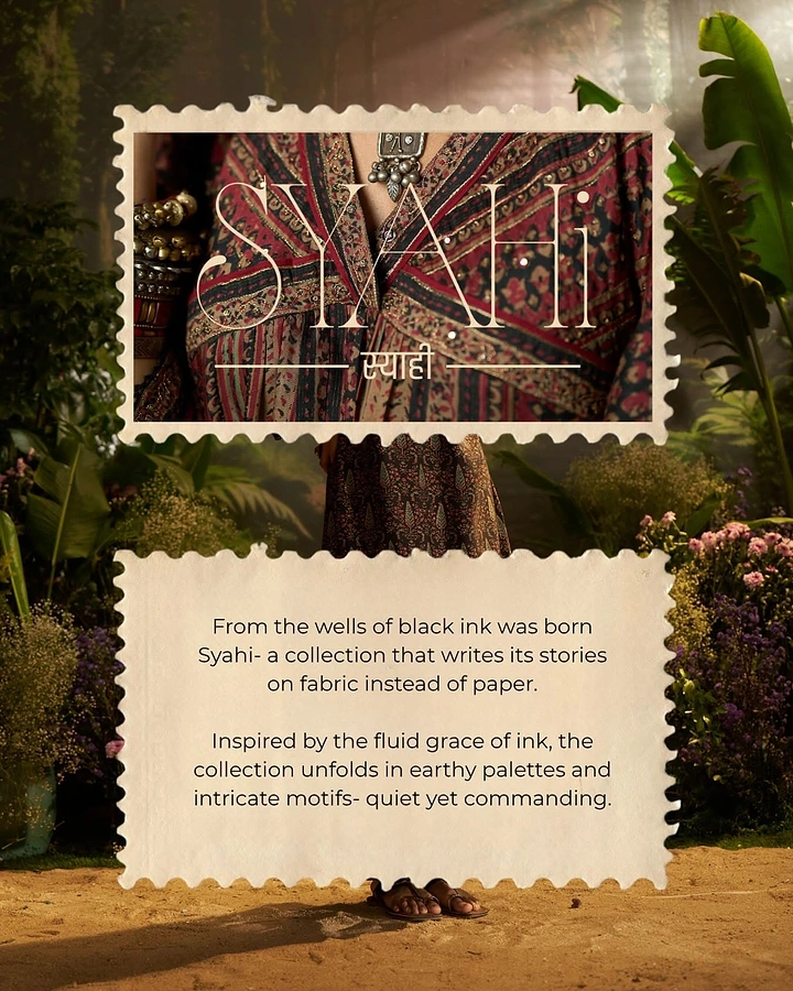 Ethnic Wear & Sarees creative ad: Ink-story collection on postage-stamp frames