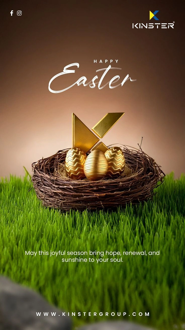 Easter creative ad: Twig nest with gold patterned eggs and gold 3D brand logo on grass