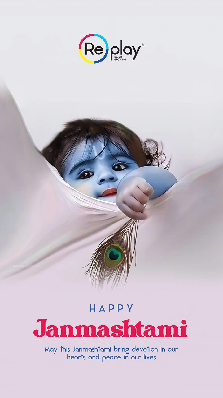 Janmashtami creative ad: Baby Krishna peeking through torn fabric, playful