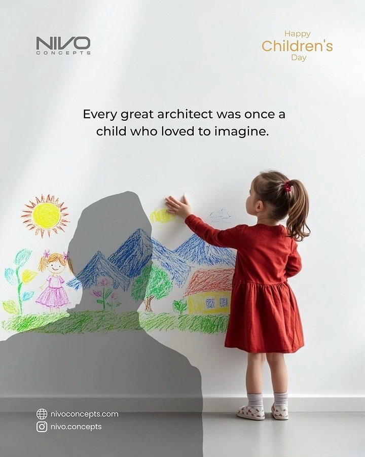 Children's Day creative ad: Little girl drawing crayon landscape on white wall beside adult shadow