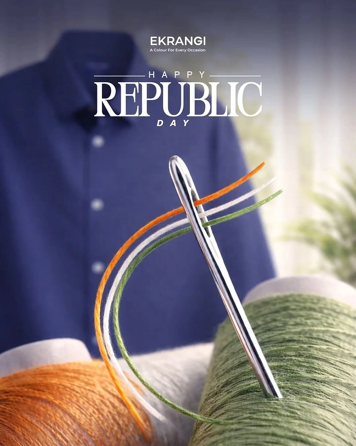 Republic Day creative ad: Needle threaded with saffron, white and green threads over thread spools
