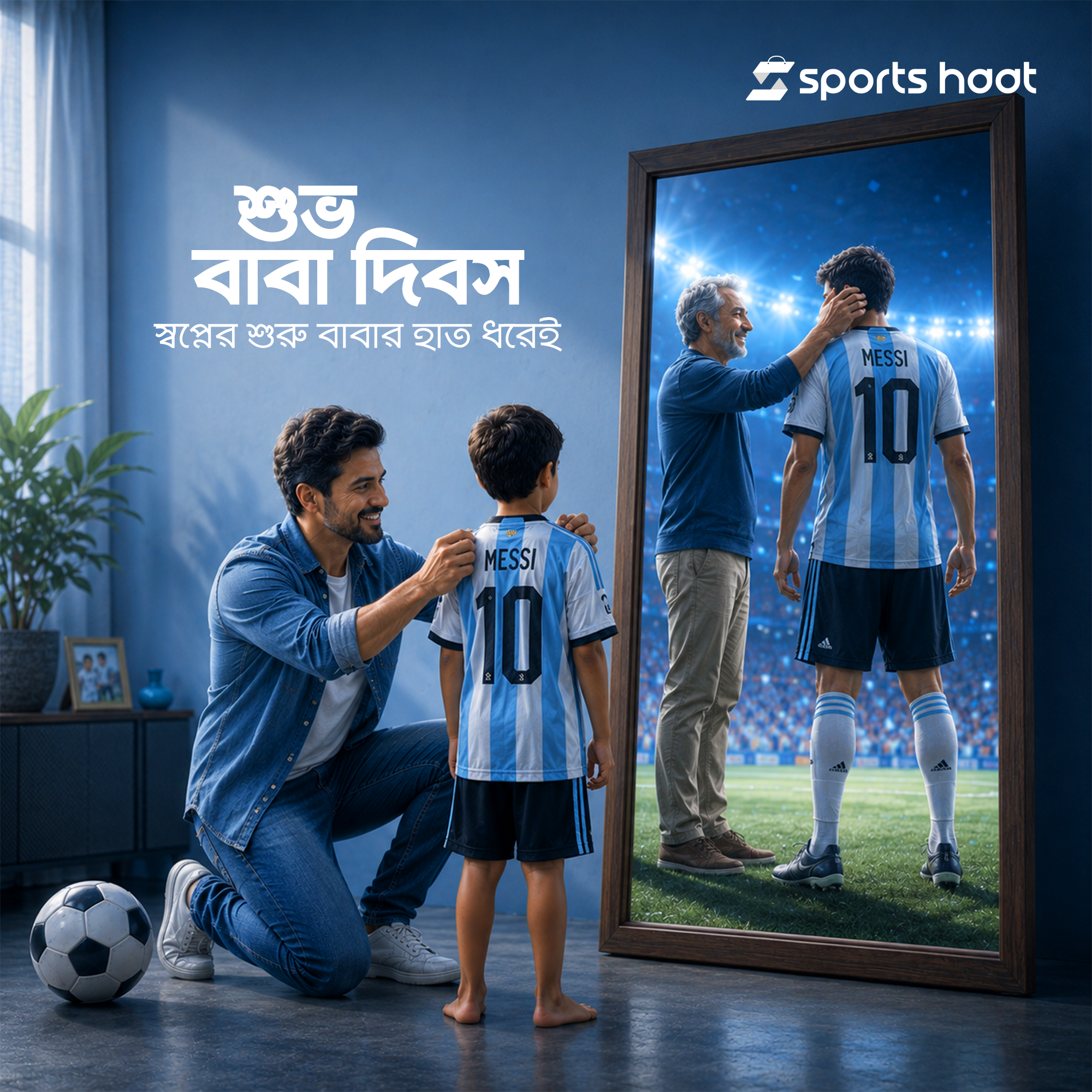 Father fixing son's No.10 jersey, mirror showing them grown up in a stadium