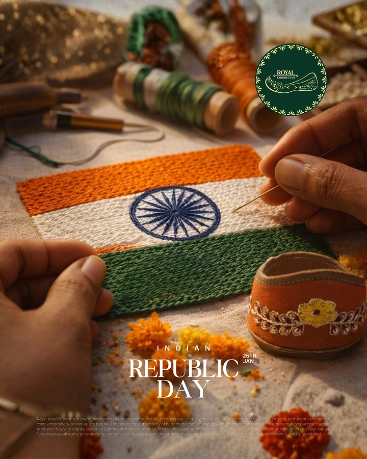 Republic Day creative ad: Hands embroidering an Indian flag beside a jutti