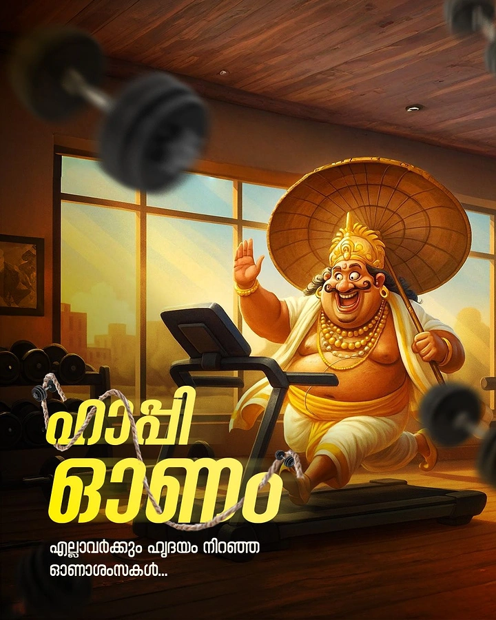 Onam creative ad: Cartoon King Mahabali running on a gym treadmill