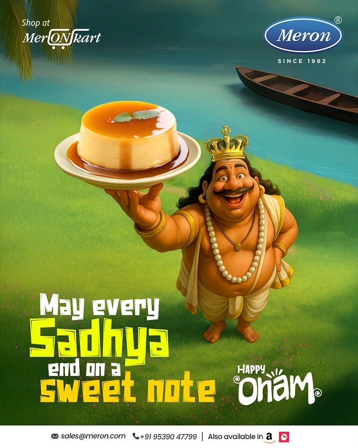 Onam creative ad: Cartoon King Mahabali holding up a caramel pudding by Kerala backwaters