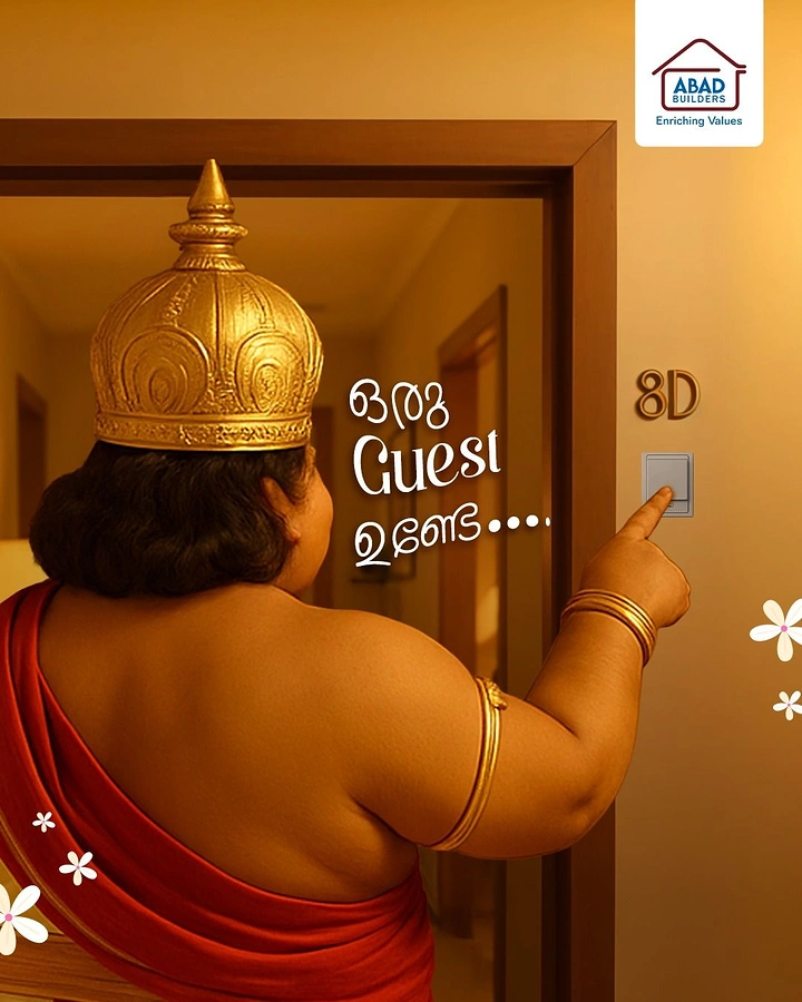 Onam creative ad: King Mahabali seen from behind, ringing an apartment doorbell