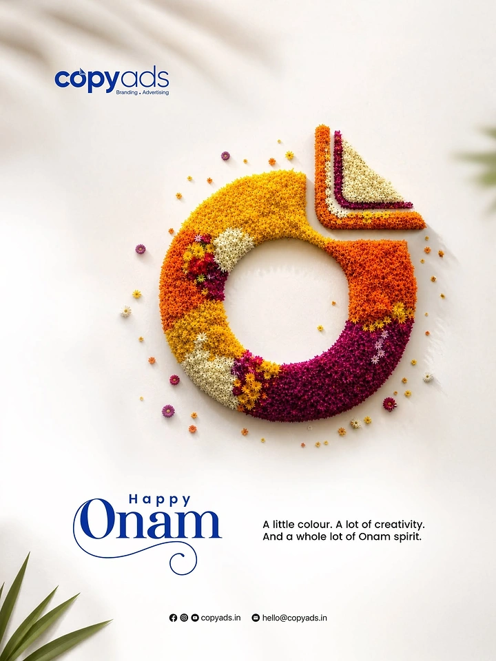 Onam creative ad: Brand logo mark recreated as a flower pookalam