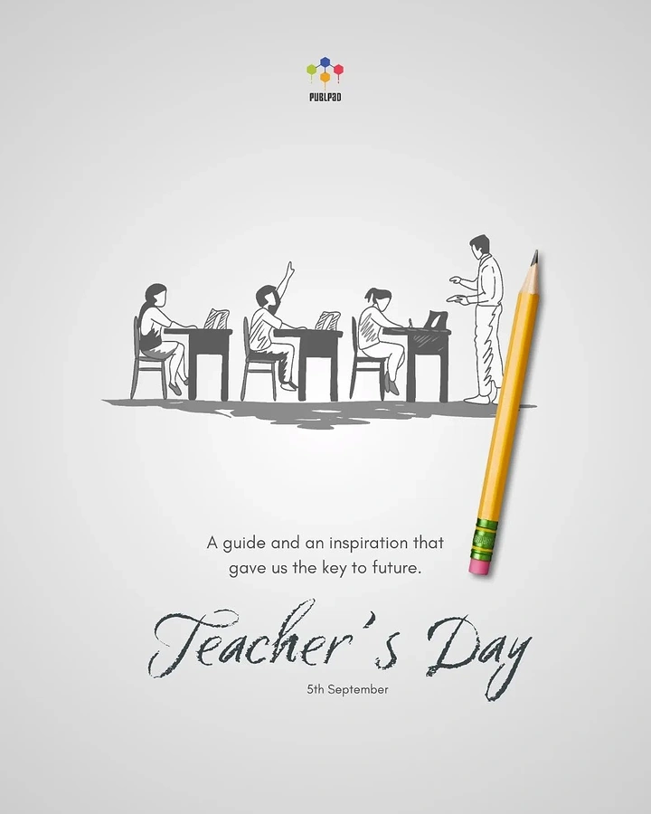 Teachers Day creative ad: Pencil-sketched classroom scene with a realistic yellow pencil drawing it