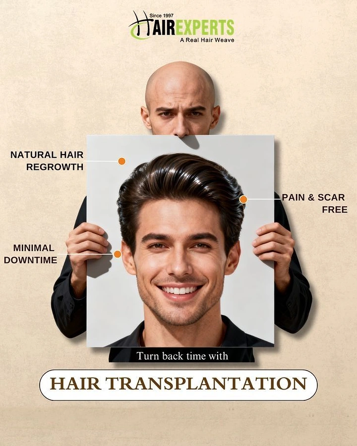 Hair Transplant & Hair Clinics creative ad: Bald man holding haired self portrait