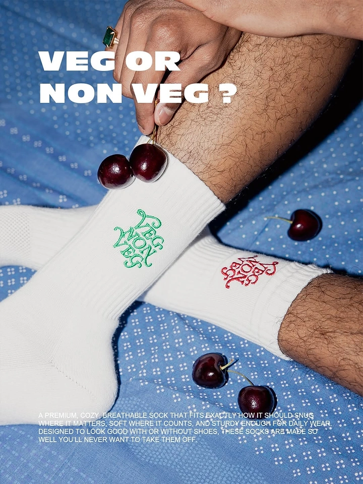 Socks Brands creative ad: Witty vegetarian sock pun with cherry styling