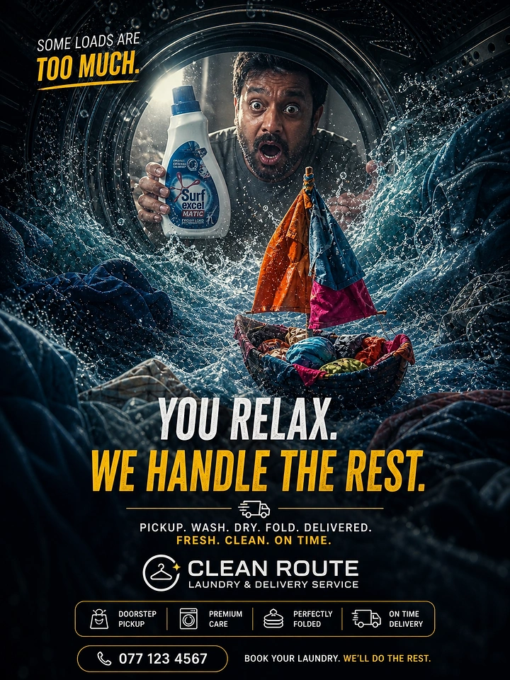 Laundry & Dry Cleaning creative ad: Man adrift in washer storm, dramatic metaphor