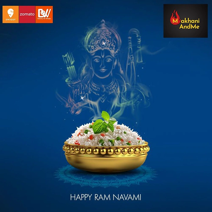 other-festival creative ad: Gold bowl of rice with steam forming Lord Ram