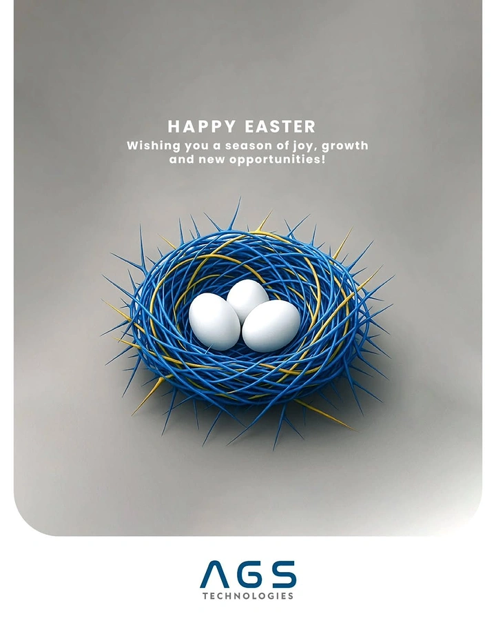 Easter creative ad: Spiky blue-and-yellow wire nest holding three white eggs