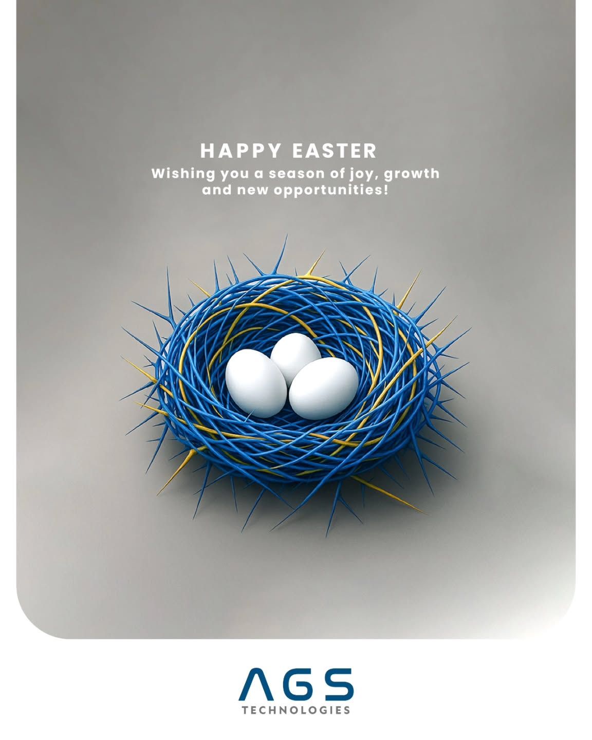 Spiky blue-and-yellow wire nest holding three white eggs