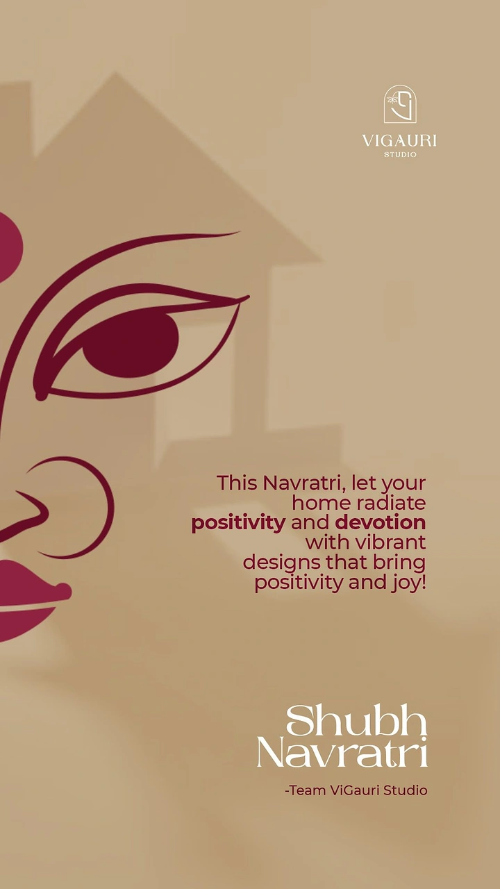 Navratri creative ad: Cropped line-art face of Goddess Durga over a faint house silhouette