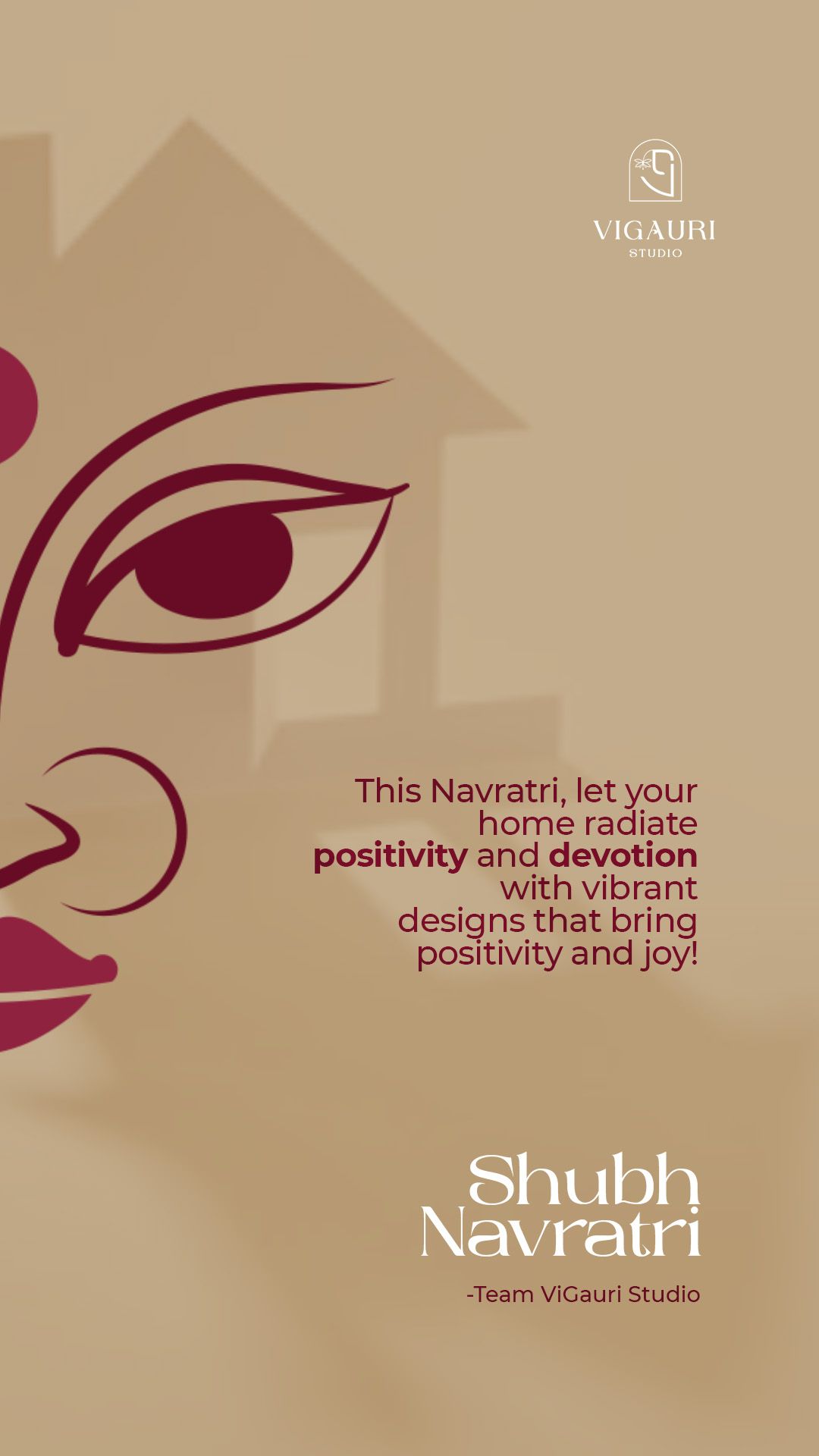 Cropped line-art face of Goddess Durga over a faint house silhouette