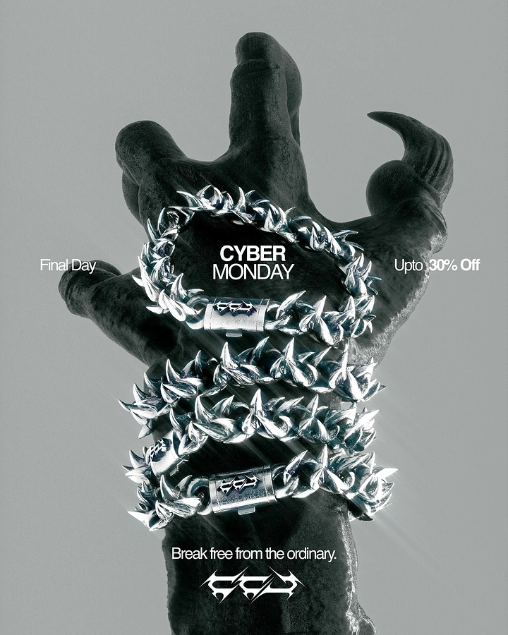 Cyber Monday creative ad: Dark sculpted claw hand wrapped in spiked chrome chain bracelets