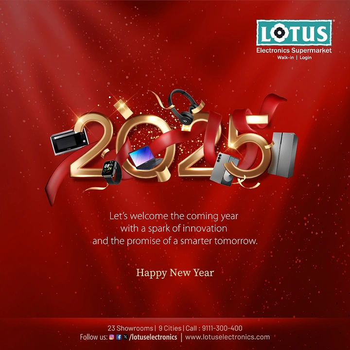 New Year creative ad: Gold 3D '2025' numerals wrapped in red ribbon with floating electronics