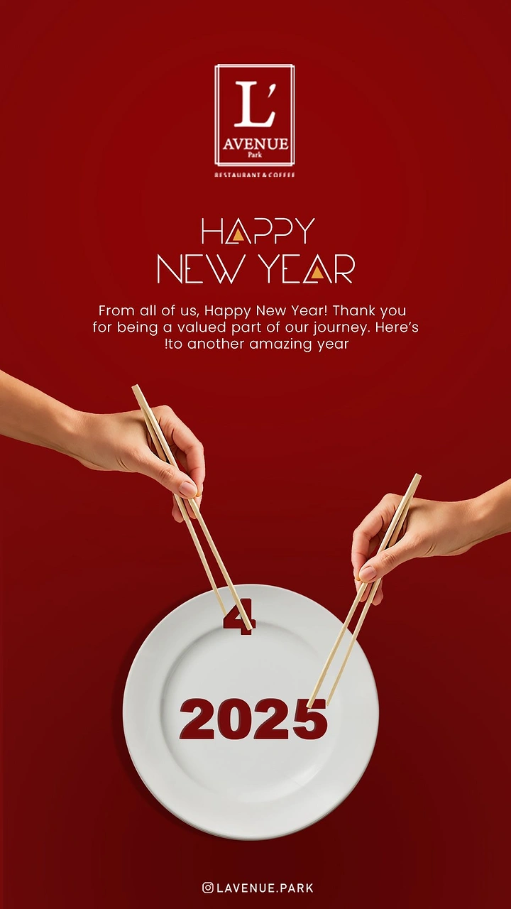New Year creative ad: Hands with chopsticks swapping the last digit of the year on a plate