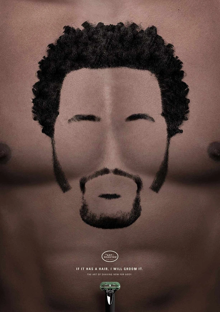 Men's Grooming Brands creative ad: Chest hair groomed into a face with afro and beard on a male torso