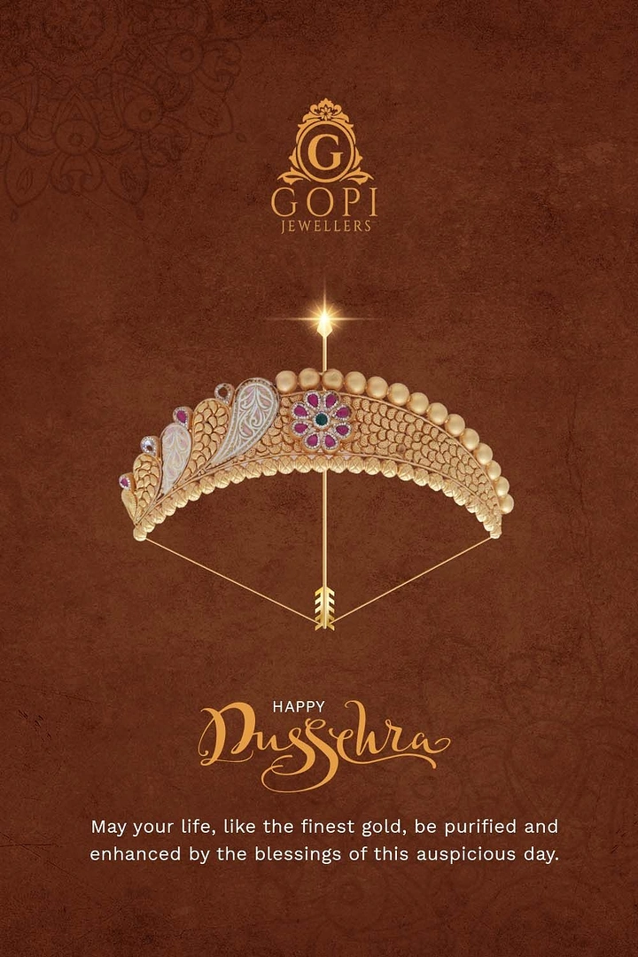 Dussehra creative ad: Gold gem-set necklace shaped as a bow with a glowing golden arrow