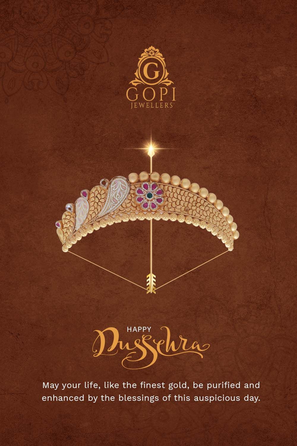 Gold gem-set necklace shaped as a bow with a glowing golden arrow