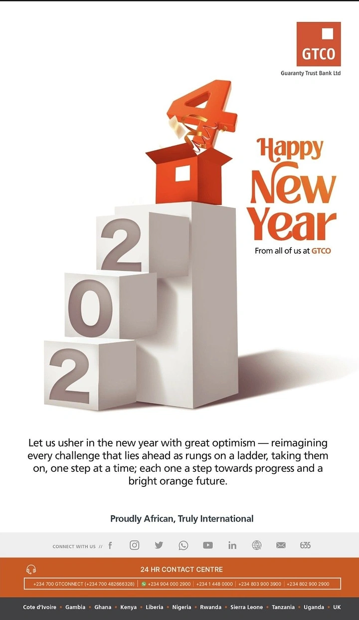 New Year creative ad: White cube staircase forming 2024 with a digit popping from a gift box