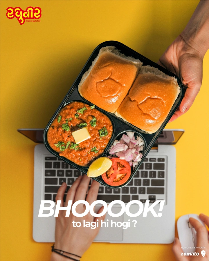 Cloud Kitchens & Food Trucks creative ad: Pav bhaji tray served over laptop