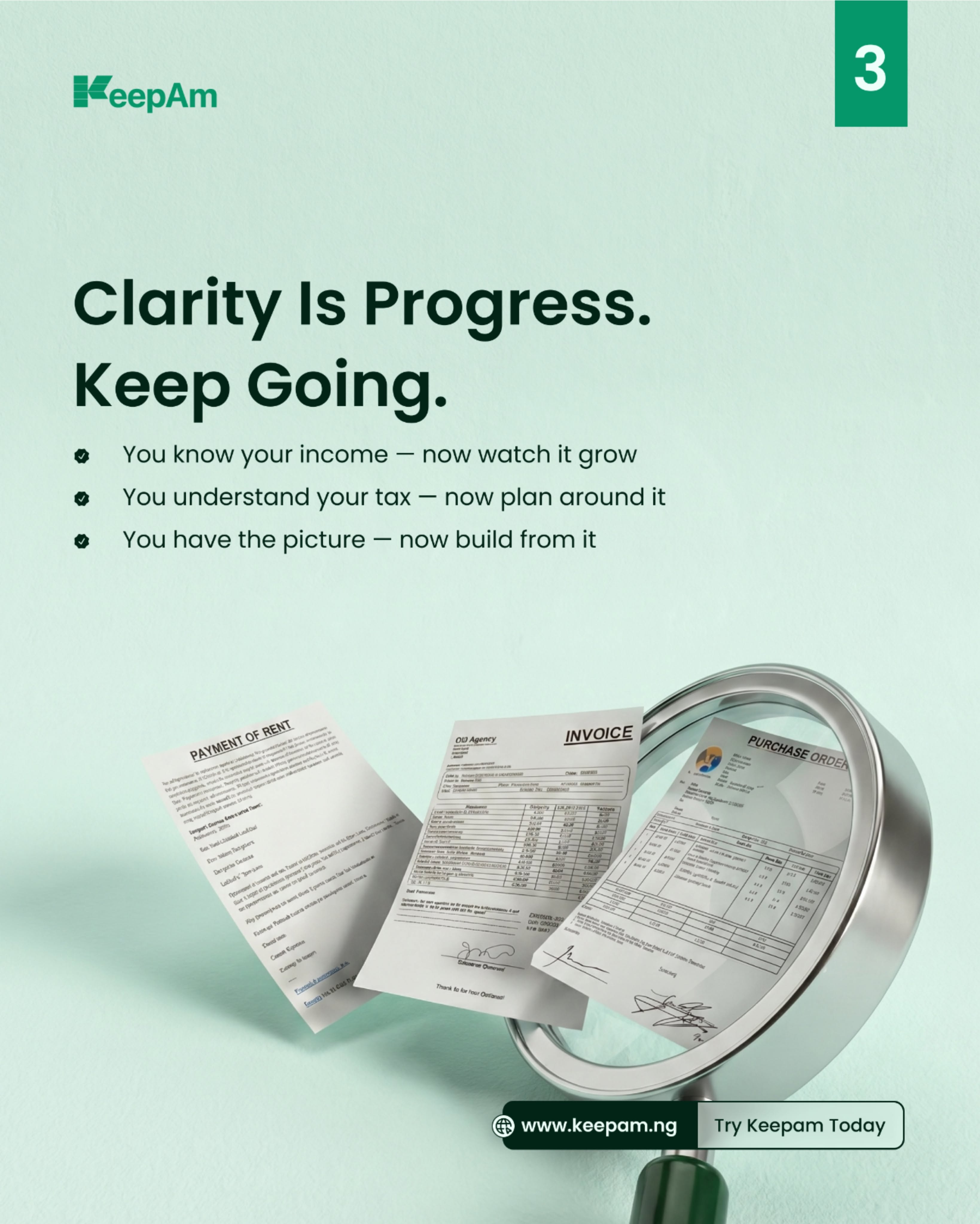 Instagram post: Magnifying glass over floating invoice, rent and purchase-order papers
