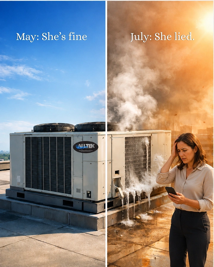 AC Repair & HVAC creative ad: Rooftop AC unit split between healthy and failing