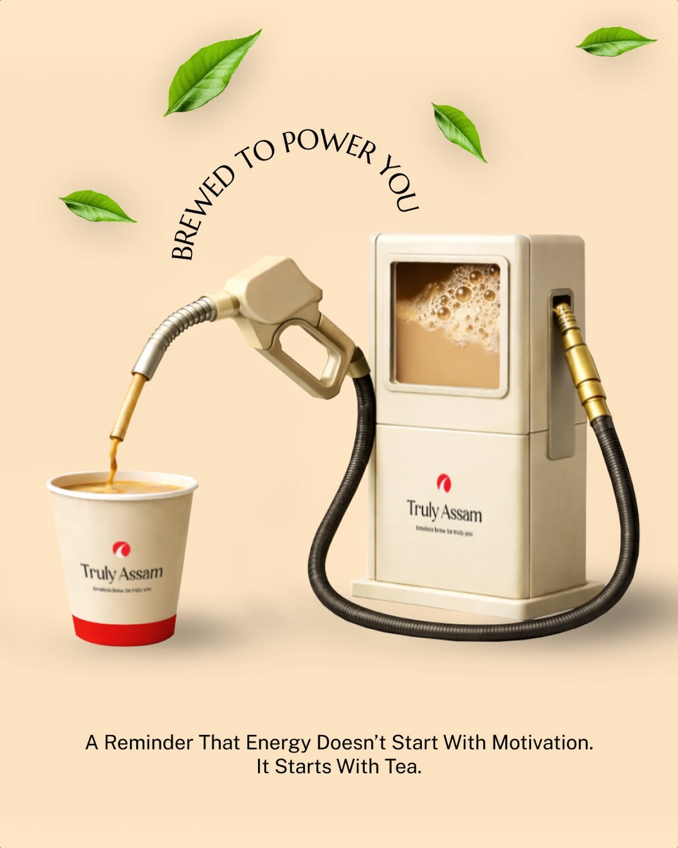 Instagram post: Miniature fuel pump pouring tea into a branded paper cup