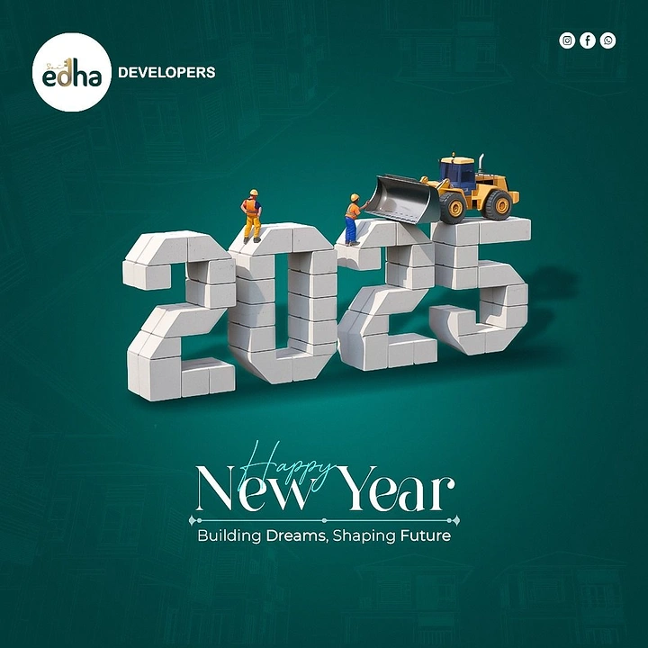 New Year creative ad: 2025 built from concrete blocks with miniature workers and a loader