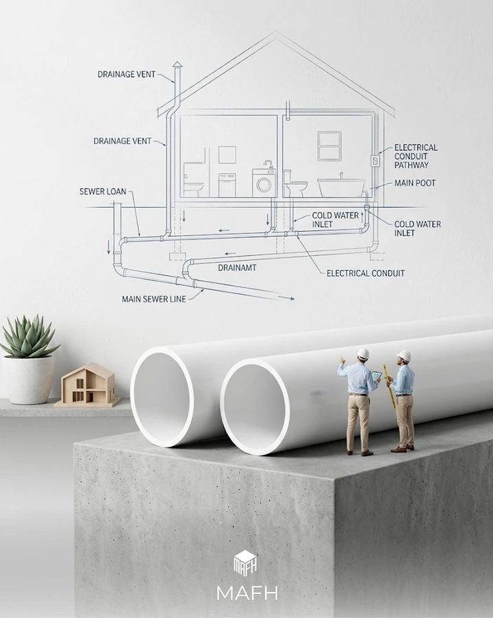 Plumbers creative ad: Blueprint over giant pipes, tiny people scale