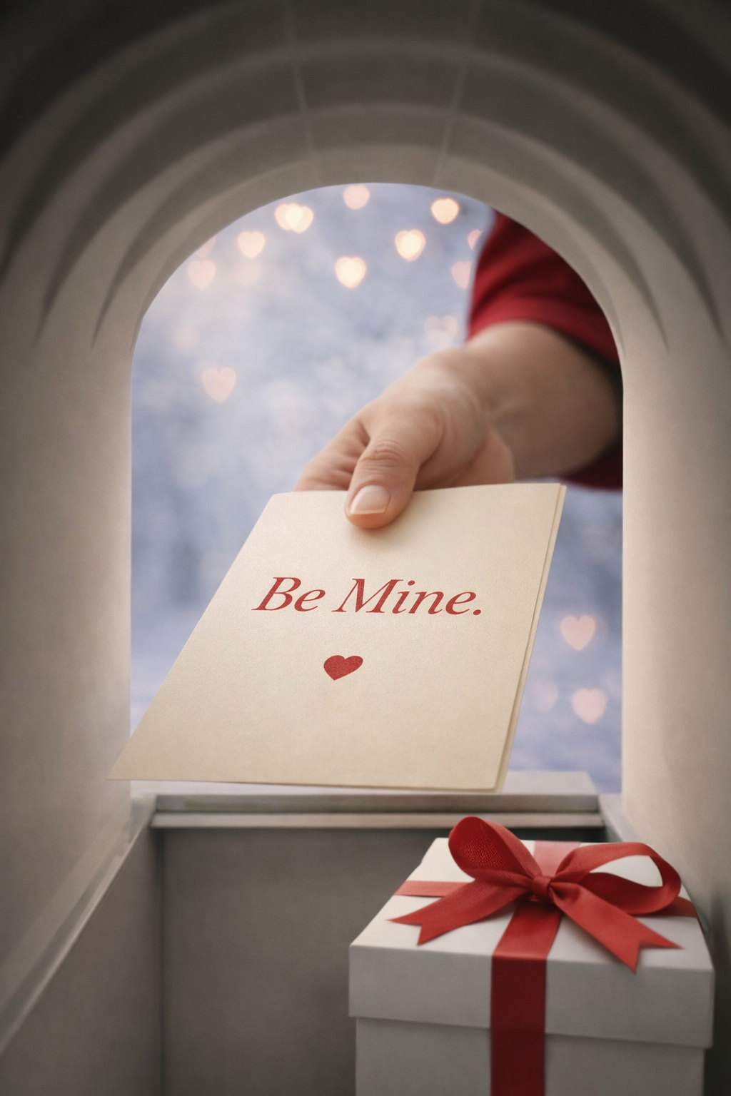 Hand posting a love card into a mailbox, viewed from inside
