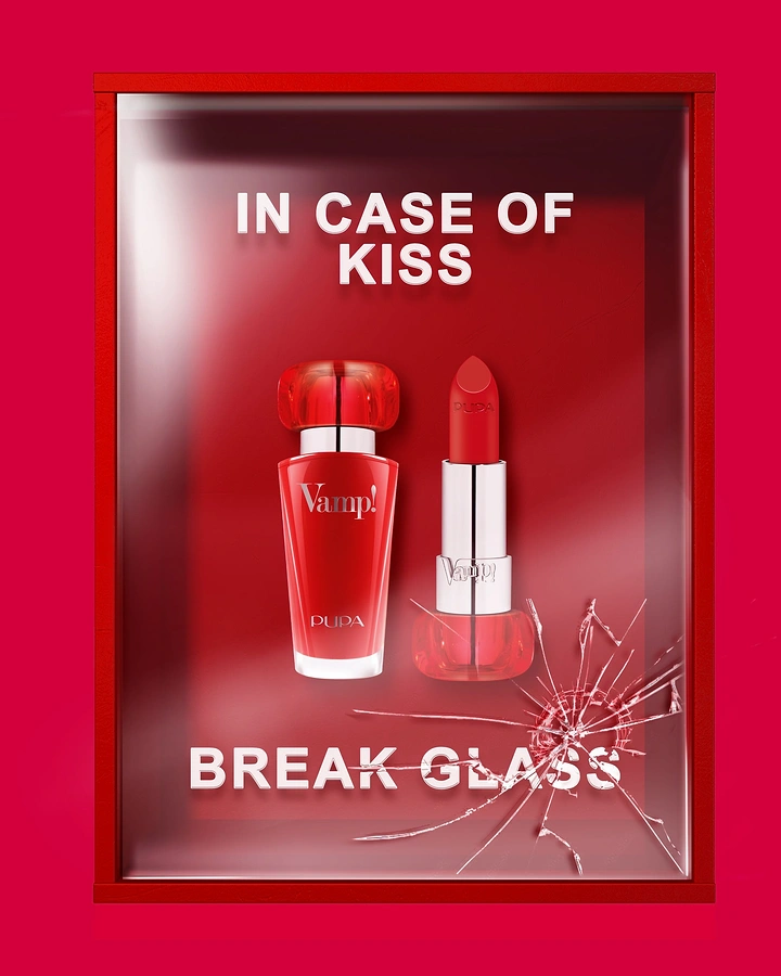 Valentine's Day creative ad: Red lipstick and nail polish inside a break-glass emergency case