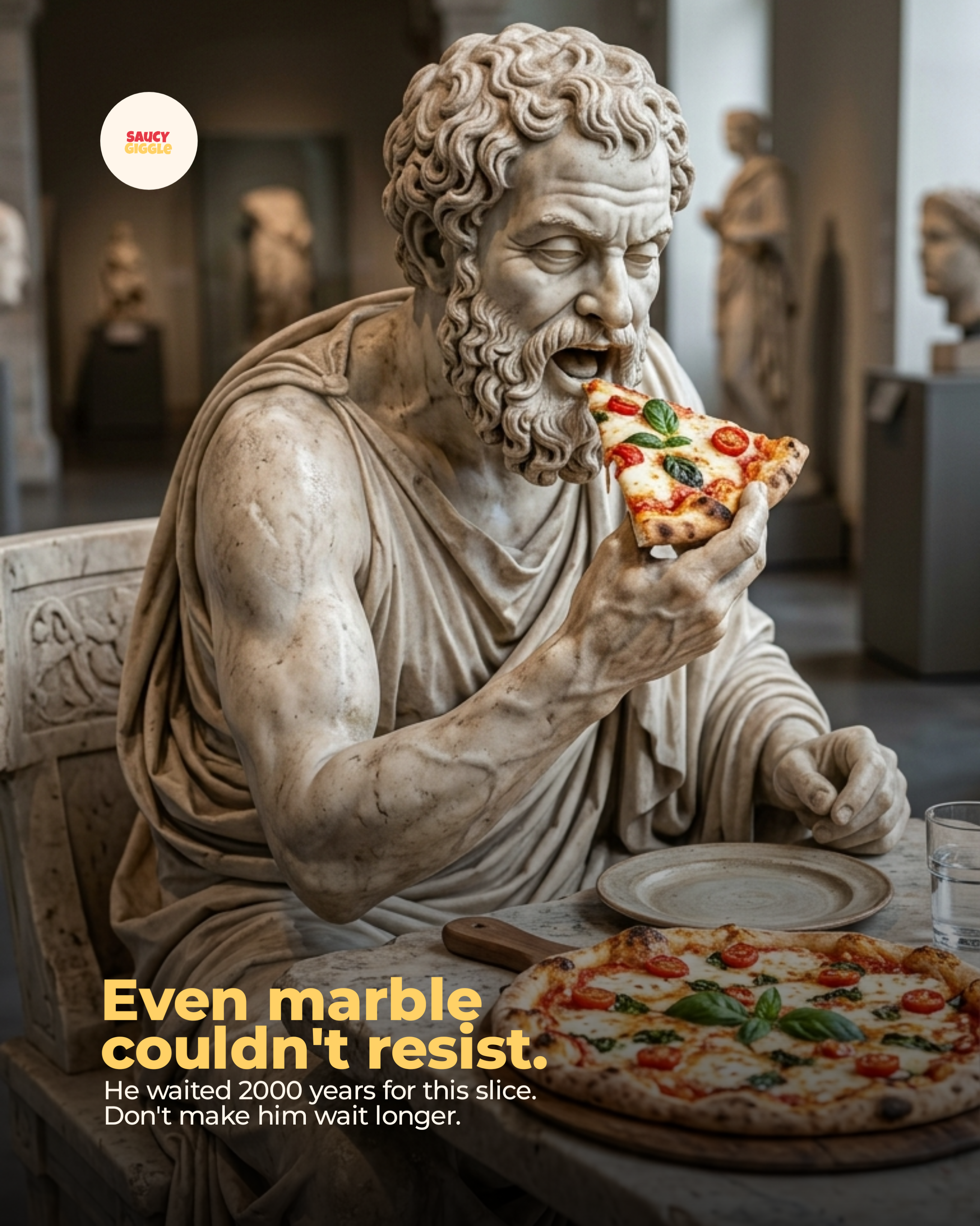 Instagram post: Statue resists pizza through witty copy