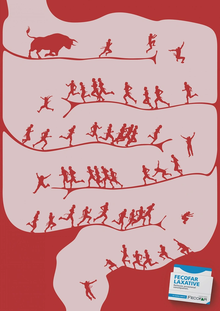 Creative ad: Bull-run crowd racing through a stylised intestine