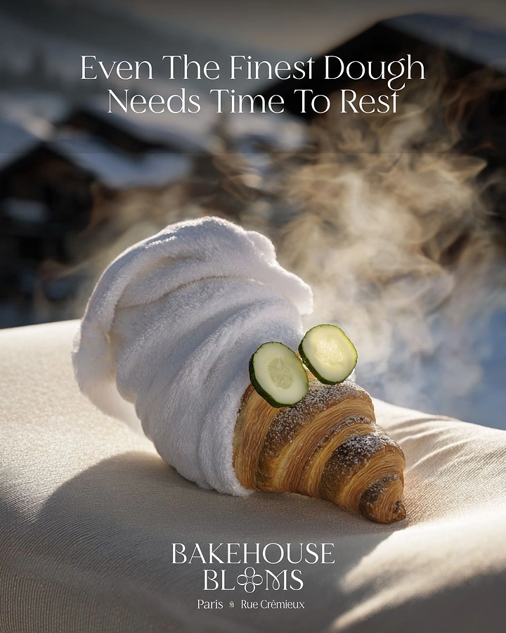Creative ad: Croissant wrapped in a spa towel with cucumber slices on its eyes