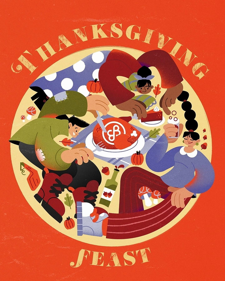 Thanksgiving creative ad: Top-down friends sharing a feast in a circle
