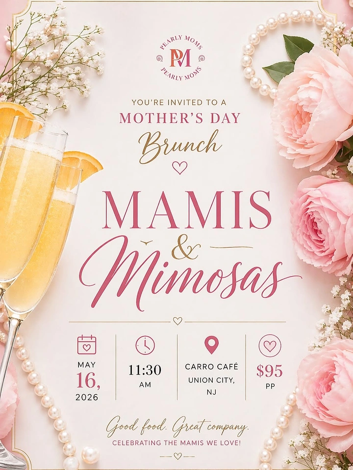 Mother's Day creative ad: Mimosa flutes framed by peonies and pearls