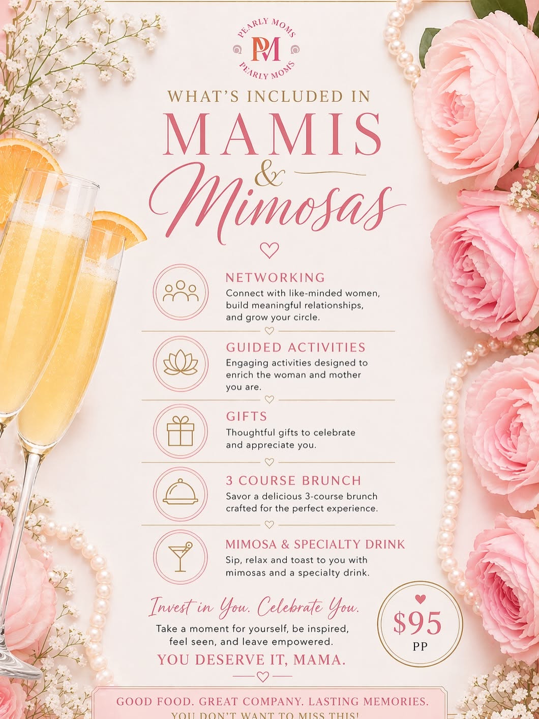 Mother's Day Carousel: Mimosa flutes framed by peonies and pearls, slide 2