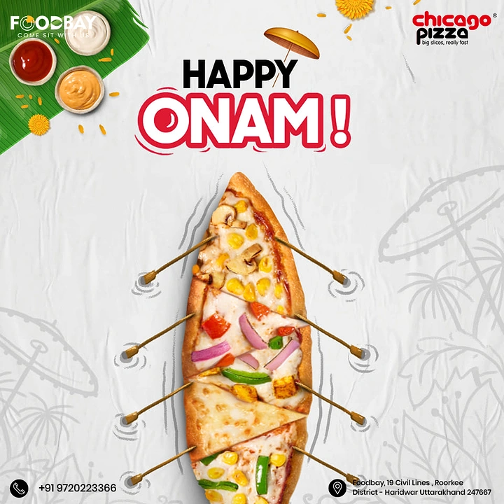 Onam creative ad: Pizza slices arranged as a snake boat with wooden oars