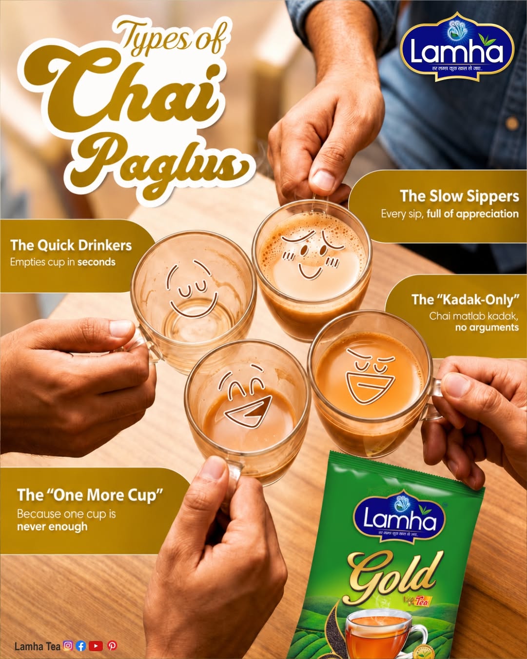 Instagram post: Cups with faces as chai personality types