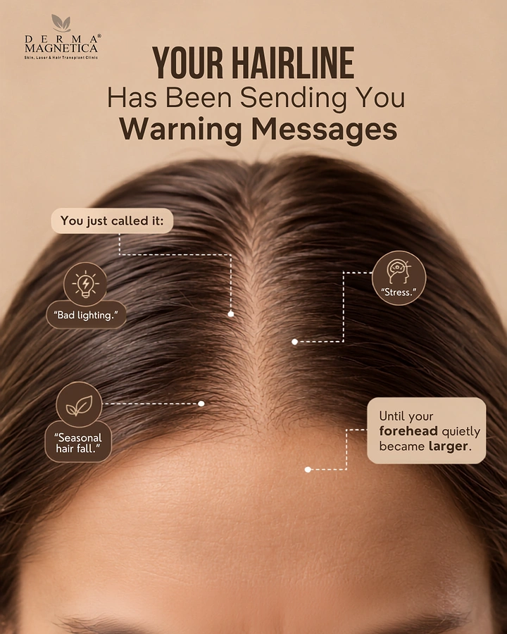 Hair Transplant & Hair Clinics creative ad: Hairline annotated with excuse callouts