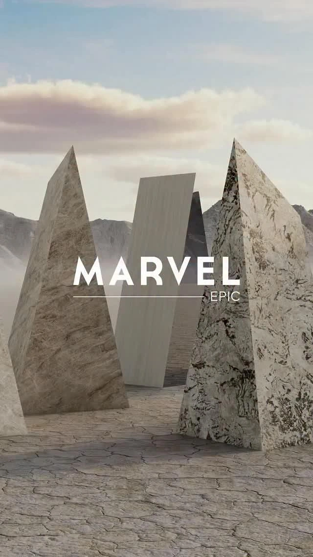 Cement, Steel & Building Materials creative ad: Giant marble and stone slabs standing in a cracked desert