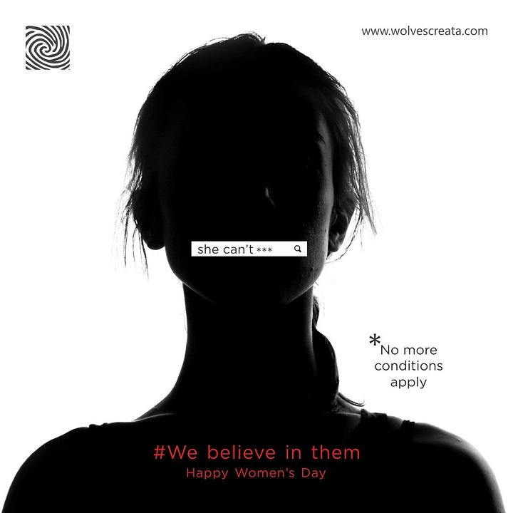 Women's Day creative ad: Backlit silhouette of a woman with a search bar over her mouth